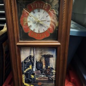 Fire Department Themed Wall Clock with Brown Frame